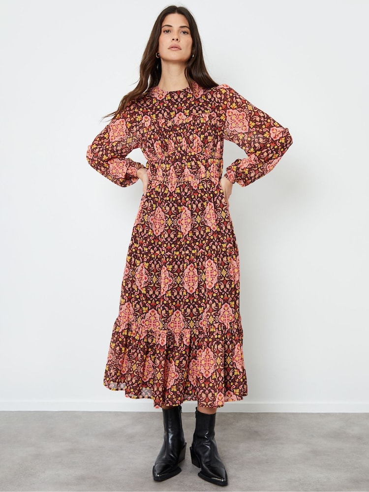 Another Sunday Pink Geo Print Seam Detail Balloon Sleeve Tiered Midi Dress - Image 1 of 4