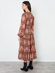 Another Sunday Pink Geo Print Seam Detail Balloon Sleeve Tiered Midi Dress - Image 2 of 4