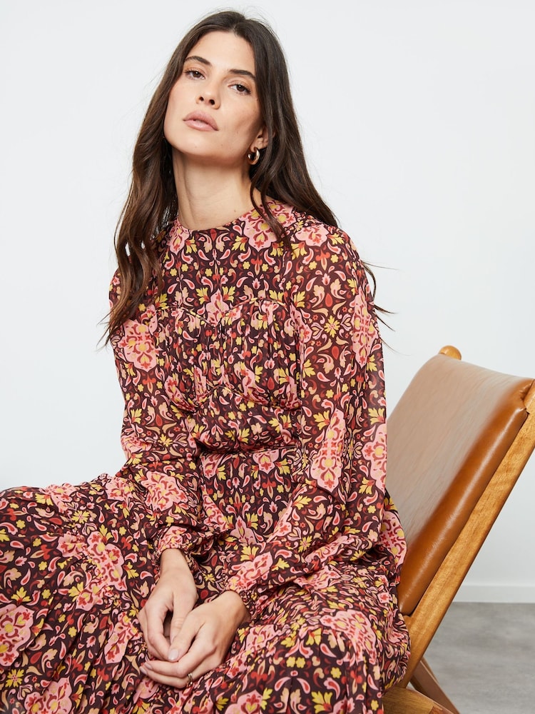 Another Sunday Pink Geo Print Seam Detail Balloon Sleeve Tiered Midi Dress - Image 4 of 4