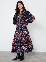 Another Sunday Black Floral Print Lace Trim Button Through 100% Cotton Tiered  Midi Dress - Image 1 of 4