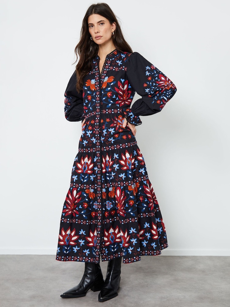 Another Sunday Black Floral Print Lace Trim Button Through 100% Cotton Tiered  Midi Dress - Image 1 of 4