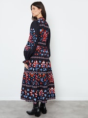 Another Sunday Black Floral Print Lace Trim Button Through 100% Cotton Tiered  Midi Dress - Image 2 of 4