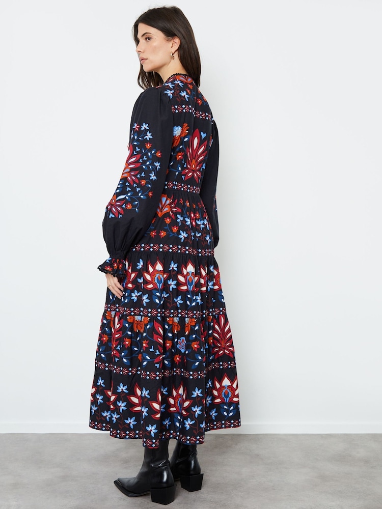 Another Sunday Black Floral Print Lace Trim Button Through 100% Cotton Tiered  Midi Dress - Image 2 of 4
