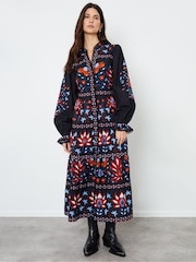 Another Sunday Black Floral Print Lace Trim Button Through 100% Cotton Tiered  Midi Dress - Image 3 of 4