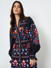Another Sunday Black Floral Print Lace Trim Button Through 100% Cotton Tiered  Midi Dress - Image 4 of 4