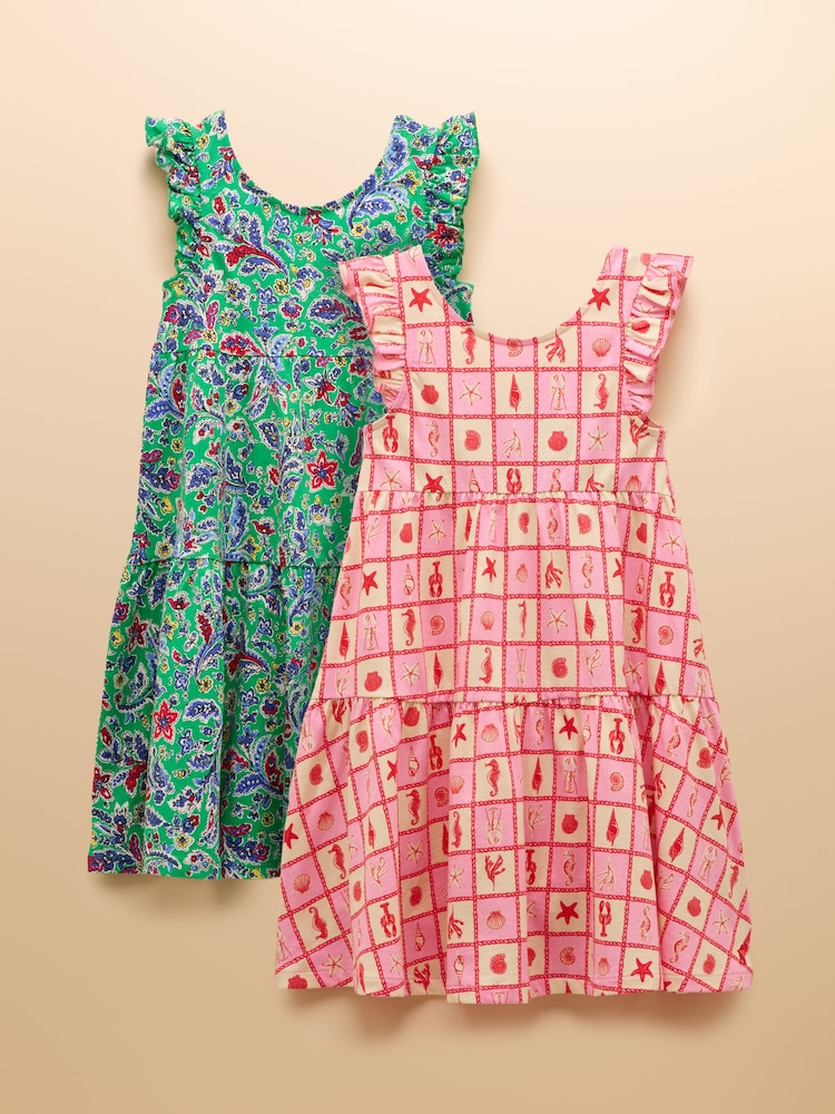 Joules Butterfly Green & Pink Frill Sleeve Print Dress Two Pack - Image 1 of 9