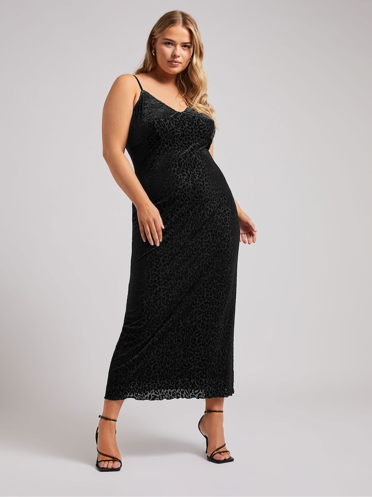 Yours Curve Black London Burn Out Velour Column Dress - Image 1 of 5