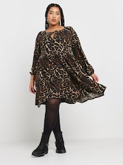 Yours Curve Brown Leopard Print Tie Neck Textured Dress - Image 1 of 5
