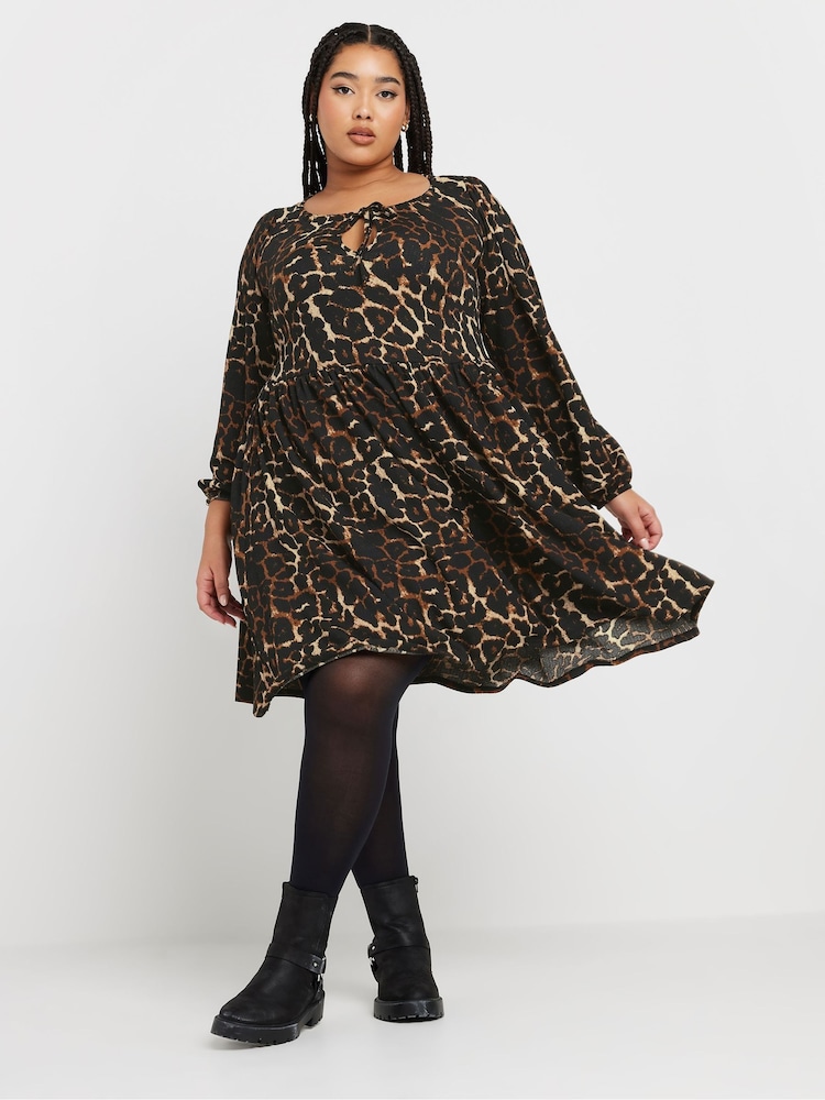 Yours Curve Brown Leopard Print Tie Neck Textured Dress - Image 1 of 5