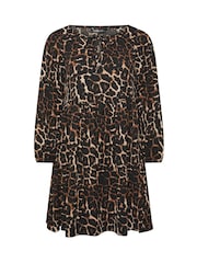 Yours Curve Brown Leopard Print Tie Neck Textured Dress - Image 5 of 5