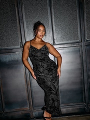 Yours Curve Black Velour Floral Midaxi Slip Dress - Image 1 of 6