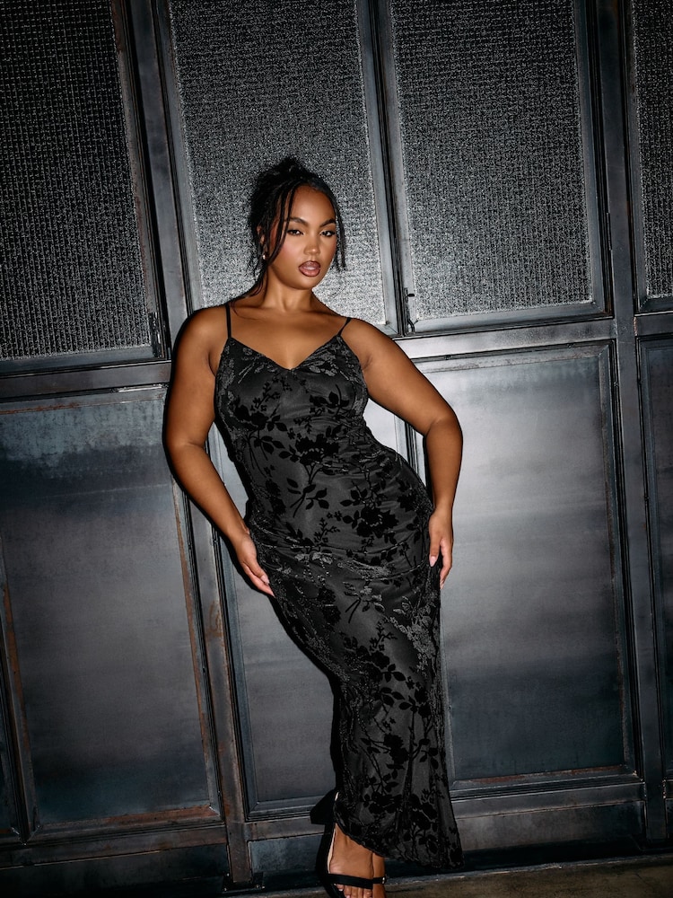 Yours Curve Black Velour Floral Midaxi Slip Dress - Image 1 of 6