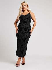 Yours Curve Black Velour Floral Midaxi Slip Dress - Image 5 of 6
