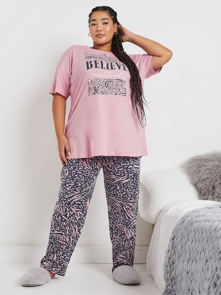 Yours Curve Pink 100% Cotton Believe Short Sleeve Wide Leg Pyjamas Set - Image 1 of 5 Yours Curve Pink 100% Cotton Believe Short Sleeve Wide Leg Pyjamas Set - Image 1 of 5