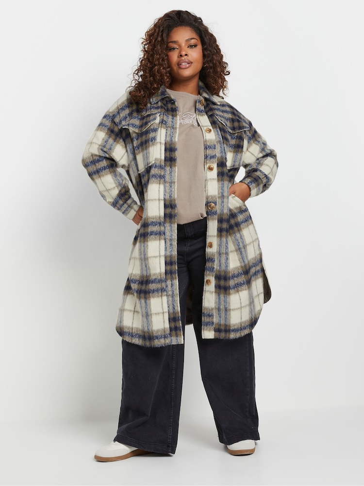 Yours Curve Blue Longline Checked Shacket - Image 1 of 5
