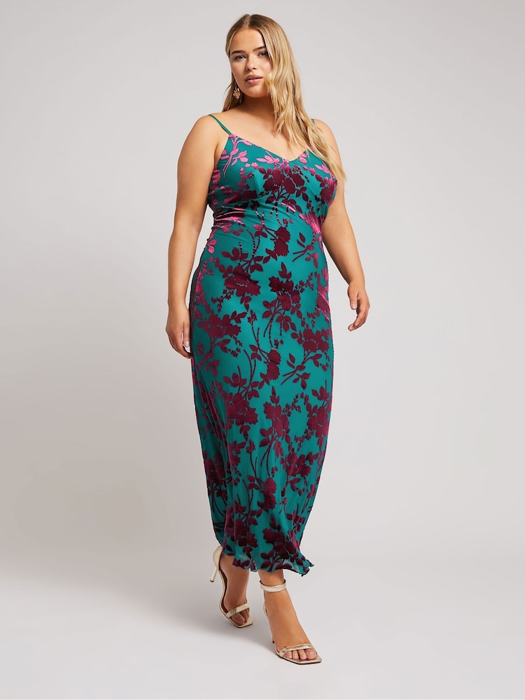 Yours Curve Green London Burn Out Velour Column Dress - Image 2 of 6
