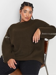 Yours Curve Brown Blanket Stitch Jumper - Image 1 of 6