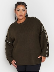 Yours Curve Brown Blanket Stitch Jumper - Image 2 of 6