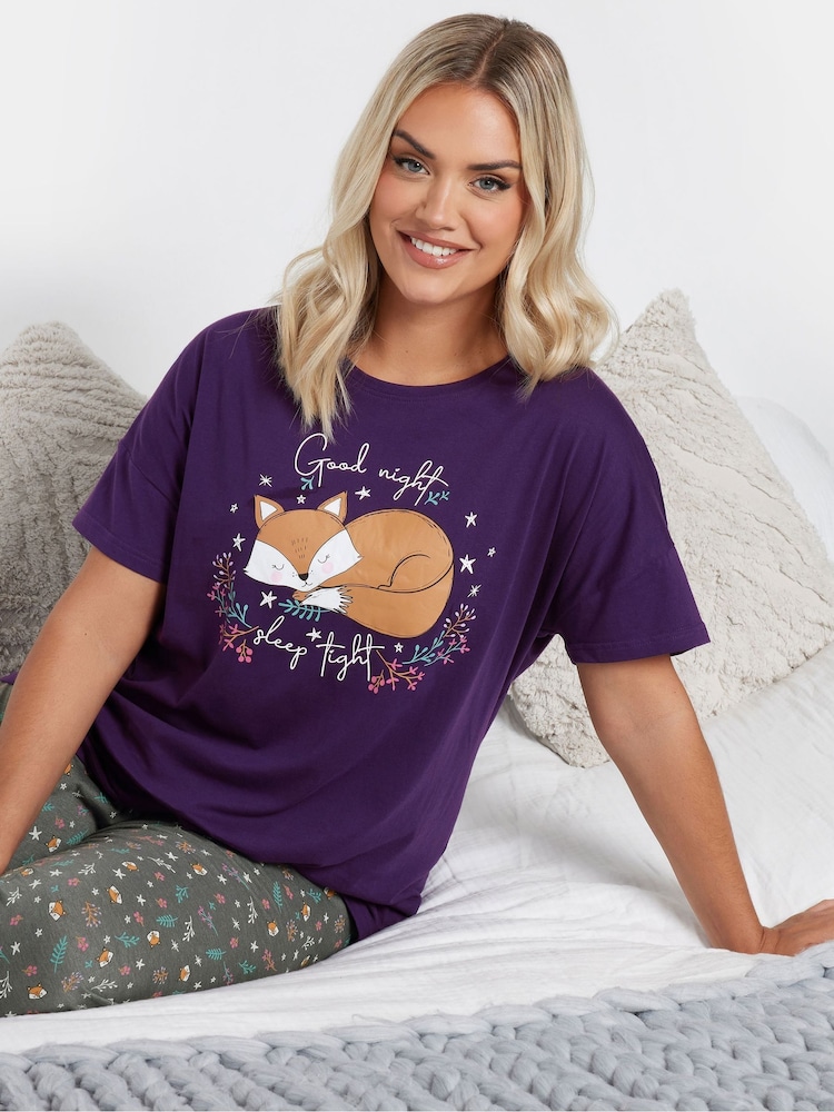 Yours Curve Purple Goodnight Sleep Tight Slogan 100% Cotton Pyjamas Set - Image 4 of 5