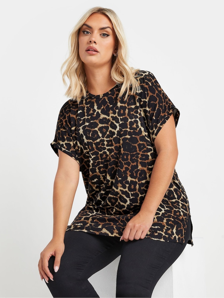 Yours Curve Brown Leopard Print Grown On T-Shirt - Image 1 of 5