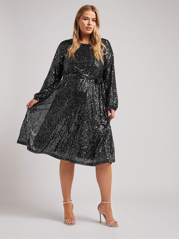 Yours Curve Silver London Sequin Long Sleeve Skater Dress - Image 1 of 6