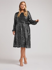 Yours Curve Silver London Sequin Long Sleeve Skater Dress - Image 2 of 6