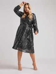 Yours Curve Silver London Sequin Long Sleeve Skater Dress - Image 3 of 6