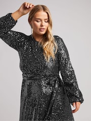 Yours Curve Silver London Sequin Long Sleeve Skater Dress - Image 5 of 6