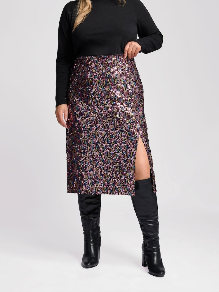 Yours Curve Pink London Sequin Skirt - Image 2 of 5 Yours Curve Pink London Sequin Skirt - Image 2 of 5