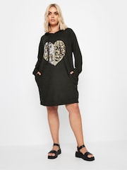 Yours Curve Black Sequin Heart Hoodie Dress - Image 1 of 5
