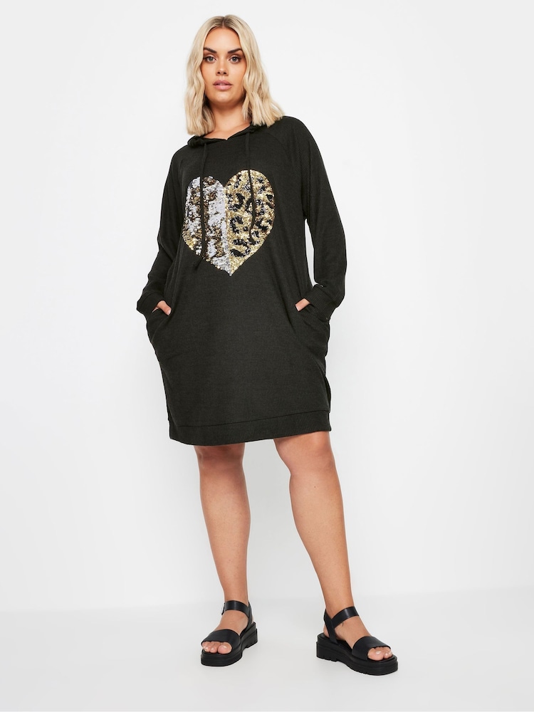 Yours Curve Black Sequin Heart Hoodie Dress - Image 1 of 5
