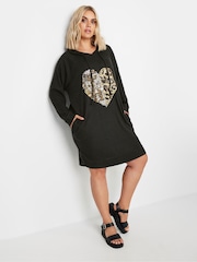 Yours Curve Black Sequin Heart Hoodie Dress - Image 2 of 5