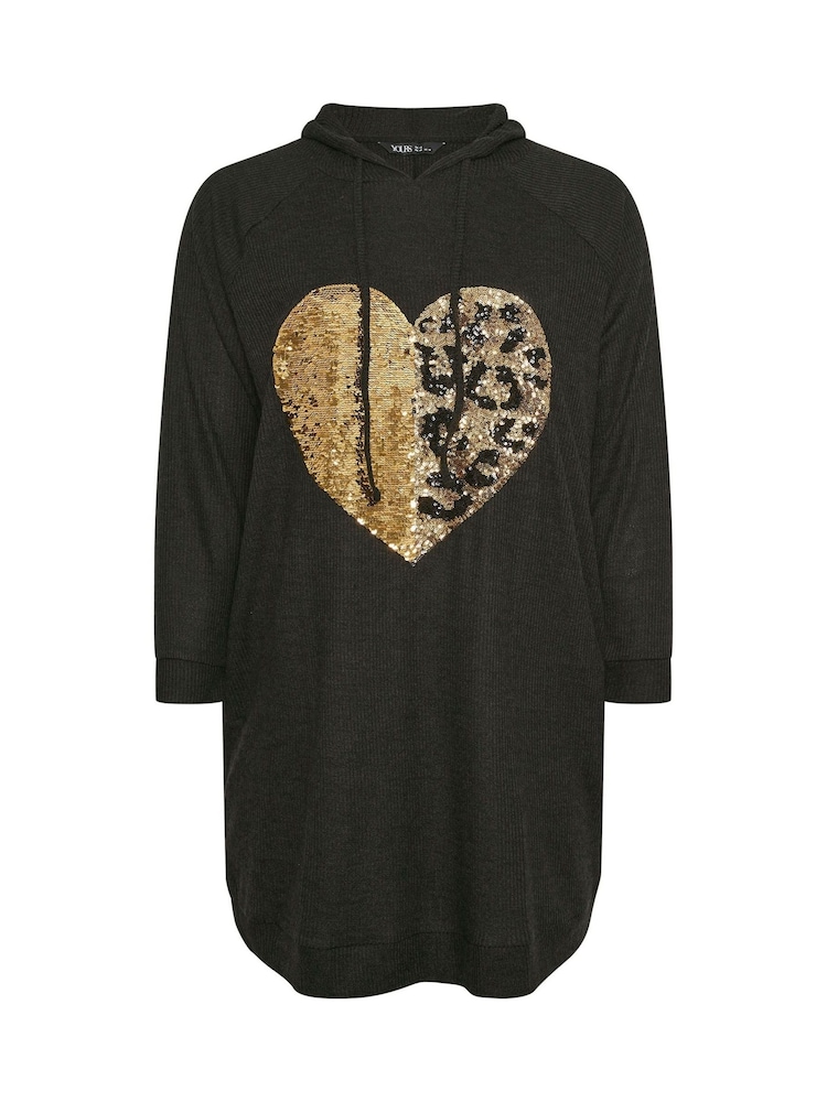 Yours Curve Black Sequin Heart Hoodie Dress - Image 5 of 5
