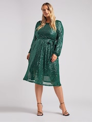 Yours Curve Green London Sequin Long Sleeve Skater Dress - Image 1 of 5