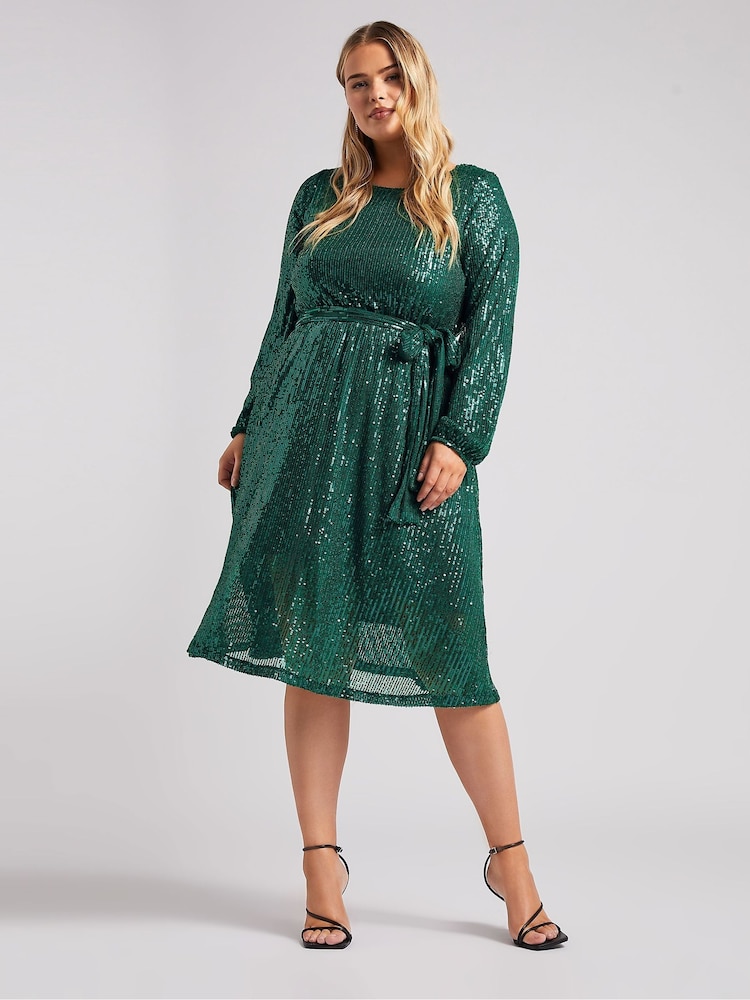 Yours Curve Green London Sequin Long Sleeve Skater Dress - Image 1 of 5