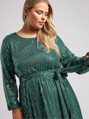 Yours Curve Green London Sequin Long Sleeve Skater Dress - Image 2 of 5