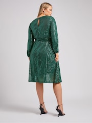 Yours Curve Green London Sequin Long Sleeve Skater Dress - Image 3 of 5