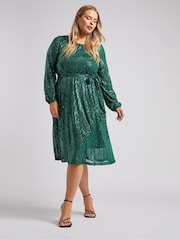 Yours Curve Green London Sequin Long Sleeve Skater Dress - Image 4 of 5