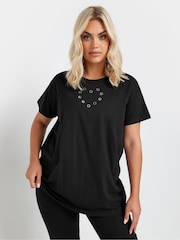 Yours Curve Black Eyelet Heart 100% Cotton T-Shirt - Image 1 of 5