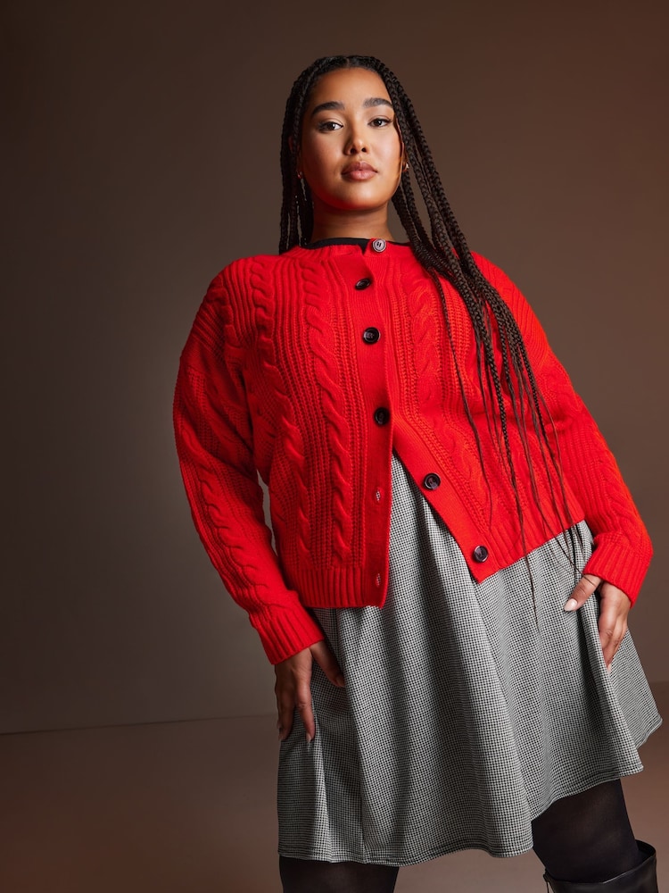Yours Curve Red Cropped Cable Cardigan - Image 1 of 6 Yours Curve Red Cropped Cable Cardigan - Image 1 of 6