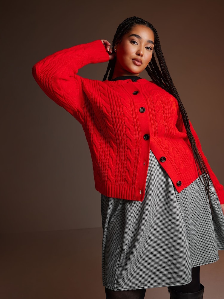Yours Curve Red Cropped Cable Cardigan - Image 2 of 6 Yours Curve Red Cropped Cable Cardigan - Image 2 of 6