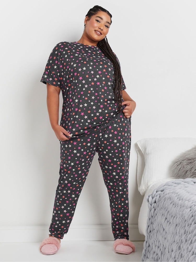 Yours Curve Grey Colourful Stars Short Sleeve Tapered Pyjamas Set - Image 1 of 5
