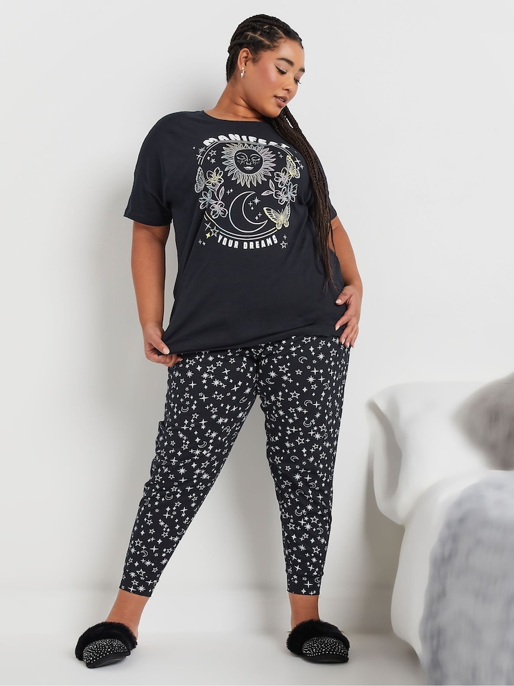Yours Curve Blue 100% Cotton Manifest Short Sleeve Cuffed Pyjamas Set - Image 1 of 6 Yours Curve Blue 100% Cotton Manifest Short Sleeve Cuffed Pyjamas Set - Image 1 of 6