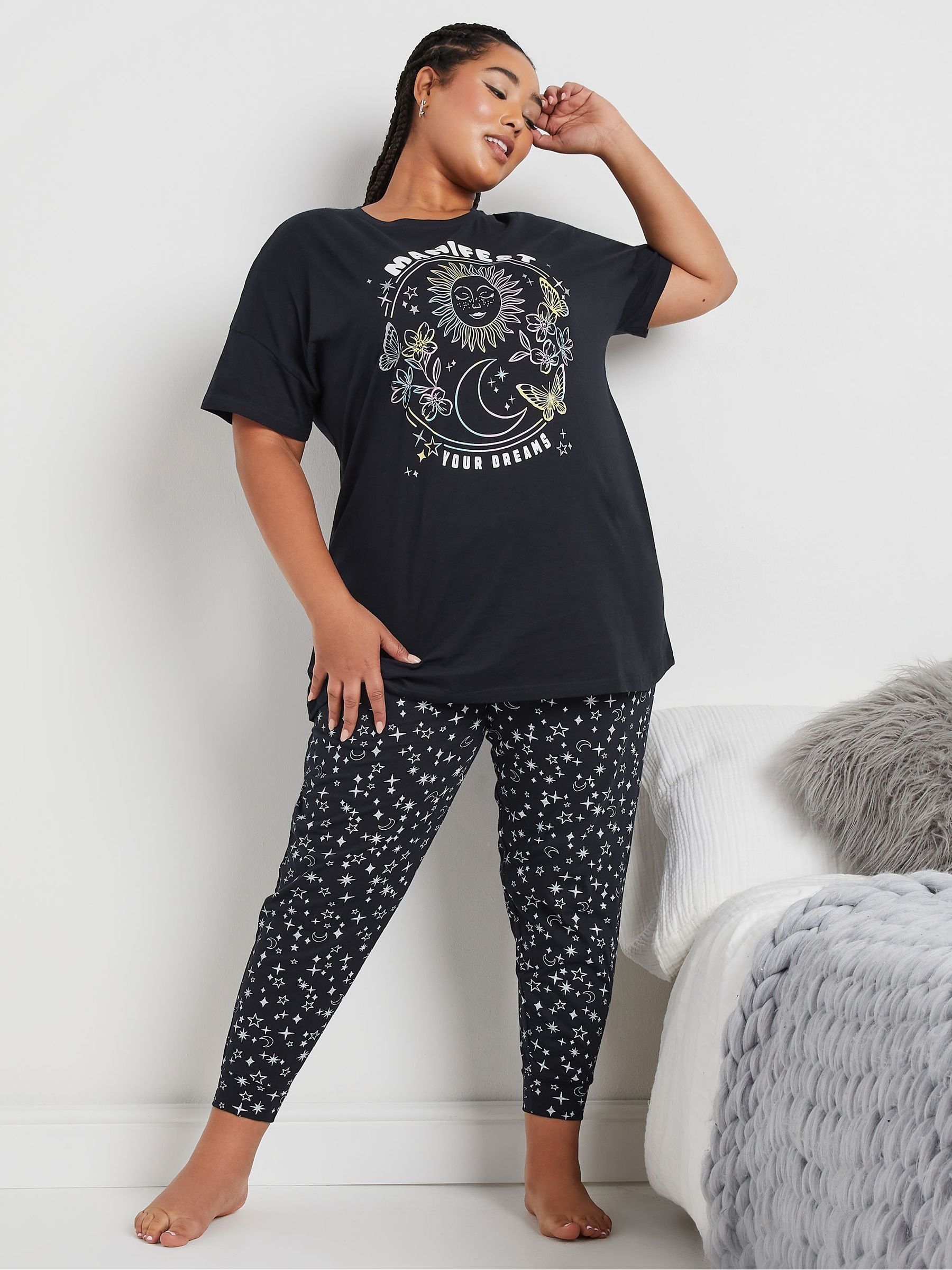 Buy Yours Curve Blue 100% Cotton Manifest Short Sleeve Cuffed Pyjamas ...