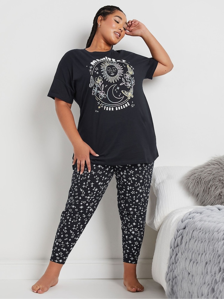 Yours Curve Blue 100% Cotton Manifest Short Sleeve Cuffed Pyjamas Set - Image 2 of 6 Yours Curve Blue 100% Cotton Manifest Short Sleeve Cuffed Pyjamas Set - Image 2 of 6