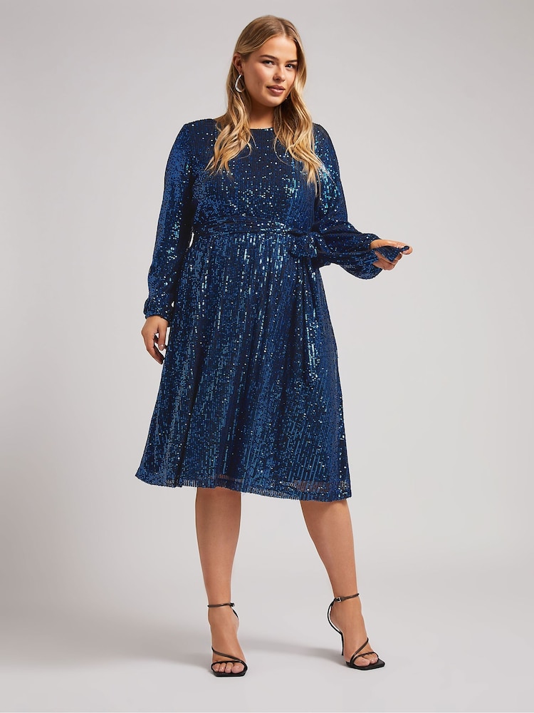 Yours Curve Blue London Sequin Long Sleeve Skater Dress - Image 1 of 5