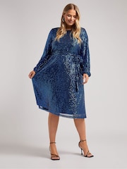 Yours Curve Blue London Sequin Long Sleeve Skater Dress - Image 2 of 5
