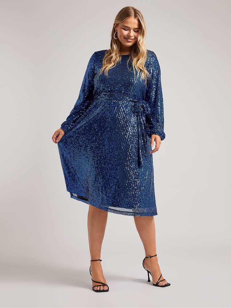 Yours Curve Blue London Sequin Long Sleeve Skater Dress - Image 2 of 5