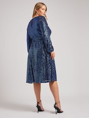 Yours Curve Blue London Sequin Long Sleeve Skater Dress - Image 3 of 5