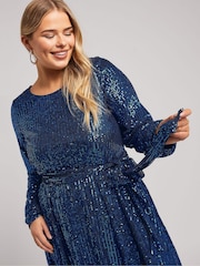 Yours Curve Blue London Sequin Long Sleeve Skater Dress - Image 4 of 5